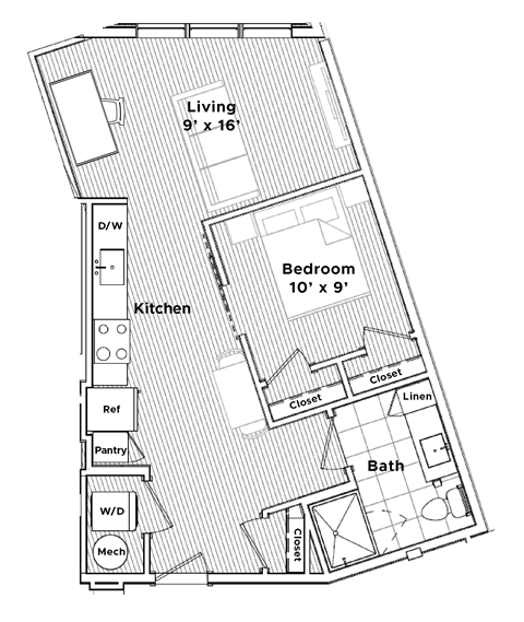 Floor plan for studio, 1 bath, 580 sqft